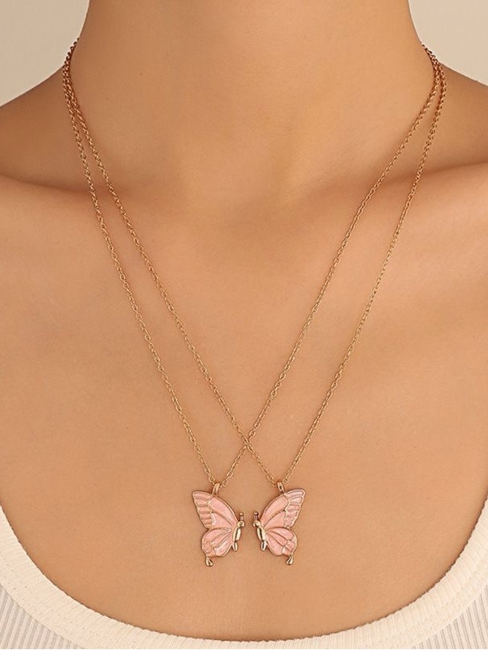 Delicate Pink Butterfly Double Pendant Necklace - Gold Chain